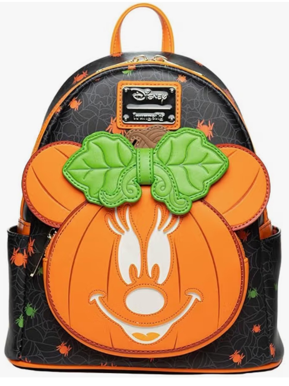 Loungefly Orange & Black Pumpkin Minnie Mini Backpack with Green Bow